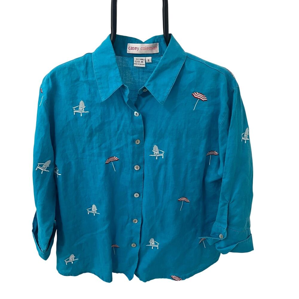 Vtg Casey Coleman 100% Linen Shirt Medium Blue Beach Umbrella Chair Resort Top